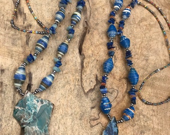 Hippie jewelry- amazonite / lapis lazuli/ stone necklace- aqua blue/ sIlver/ paperbead necklace/ pendant necklace/ beaded necklace