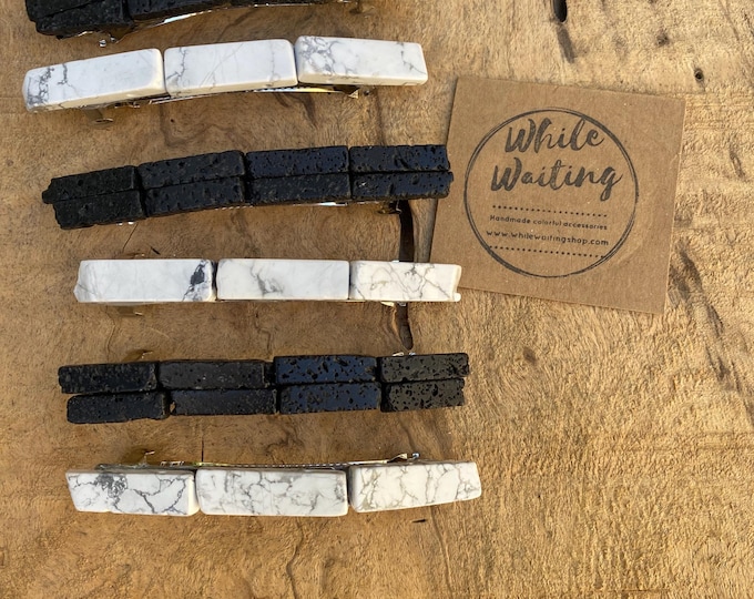 Large Stone Hair Barrette: Black Lava or White Granite, 4-inch