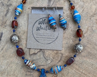 Blue Stone Statement Necklace: Paperbead, Lapis Lazuli & Jasper Pendant