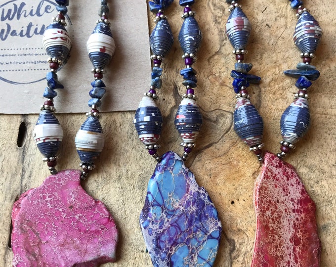 Purple/red Rock statement beaded necklace- paperbead necklace / pendant statement necklace lapis lazuli / jasper necklace