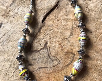 Silver and pastel yellow/blue paperbead necklace /western multi colored pastel necklace / paper beaded necklace / boho chic ecofriendly