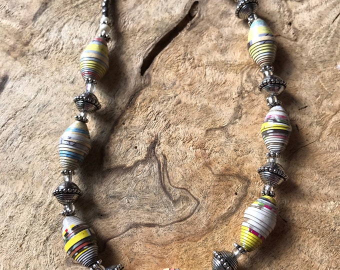 Silver and pastel yellow/blue paperbead necklace /western multi colored pastel necklace / paper beaded necklace / boho chic ecofriendly