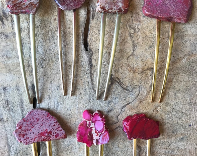 Red orange Stone hair fork/ red hair fork / druzy hair fork/ hair accessory / raw stone hair fork/ boho hair clip/ hair fork