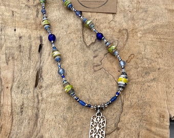 Blue & green Paper bead Lanyard / badge holder/ glasses