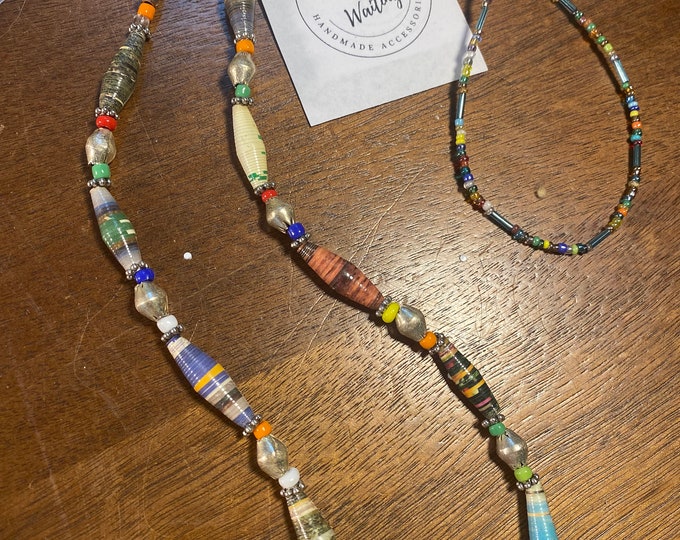 Long multi colored boho paperbead necklace/ handmade beaded necklace/ ecofriendly necklace/ bohemian western beaded necklace