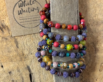 Lava Stone Diffuser Bracelet:  Glass and Recycled Wood - Unisex