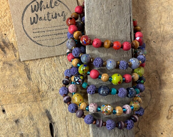 Lava Stone Diffuser Bracelet:  Glass and Recycled Wood - Unisex