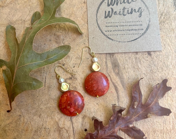 Eco friendly Gold and orange pearl earrings