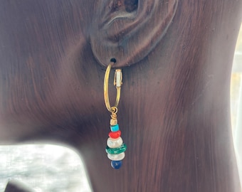 Pearl Malachite Gold Hoop Dangle Earrings: retro multi stone Jewelry