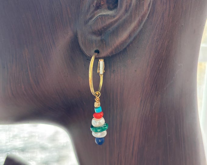 Pearl Malachite Gold Hoop Dangle Earrings: retro multi stone Jewelry