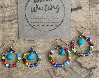 Multi colored seed bead Silver/ gold Hoop Earrings: turquoise and Glass Bead Dangle