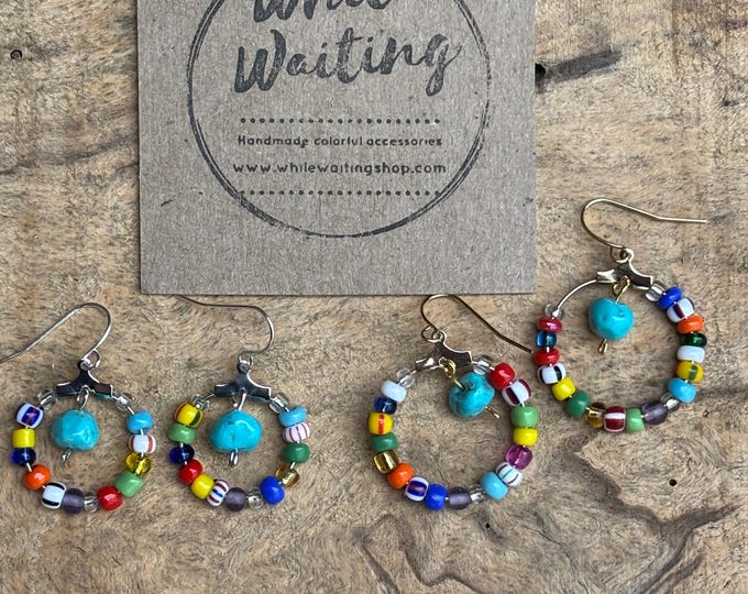 Multi colored seed bead Silver/ gold Hoop Earrings: turquoise and Glass Bead Dangle