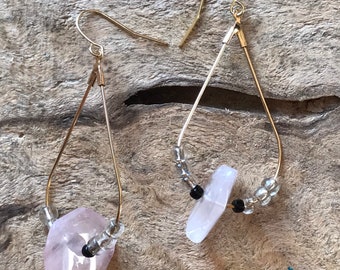 Rose quartz Gold Tear drop hoop earrings/ modern hoop earrings