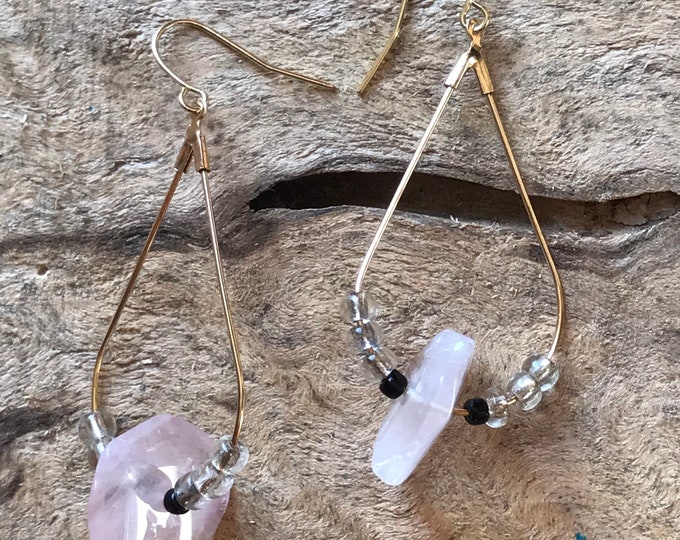 Rose quartz Gold Tear drop hoop earrings/ modern hoop earrings