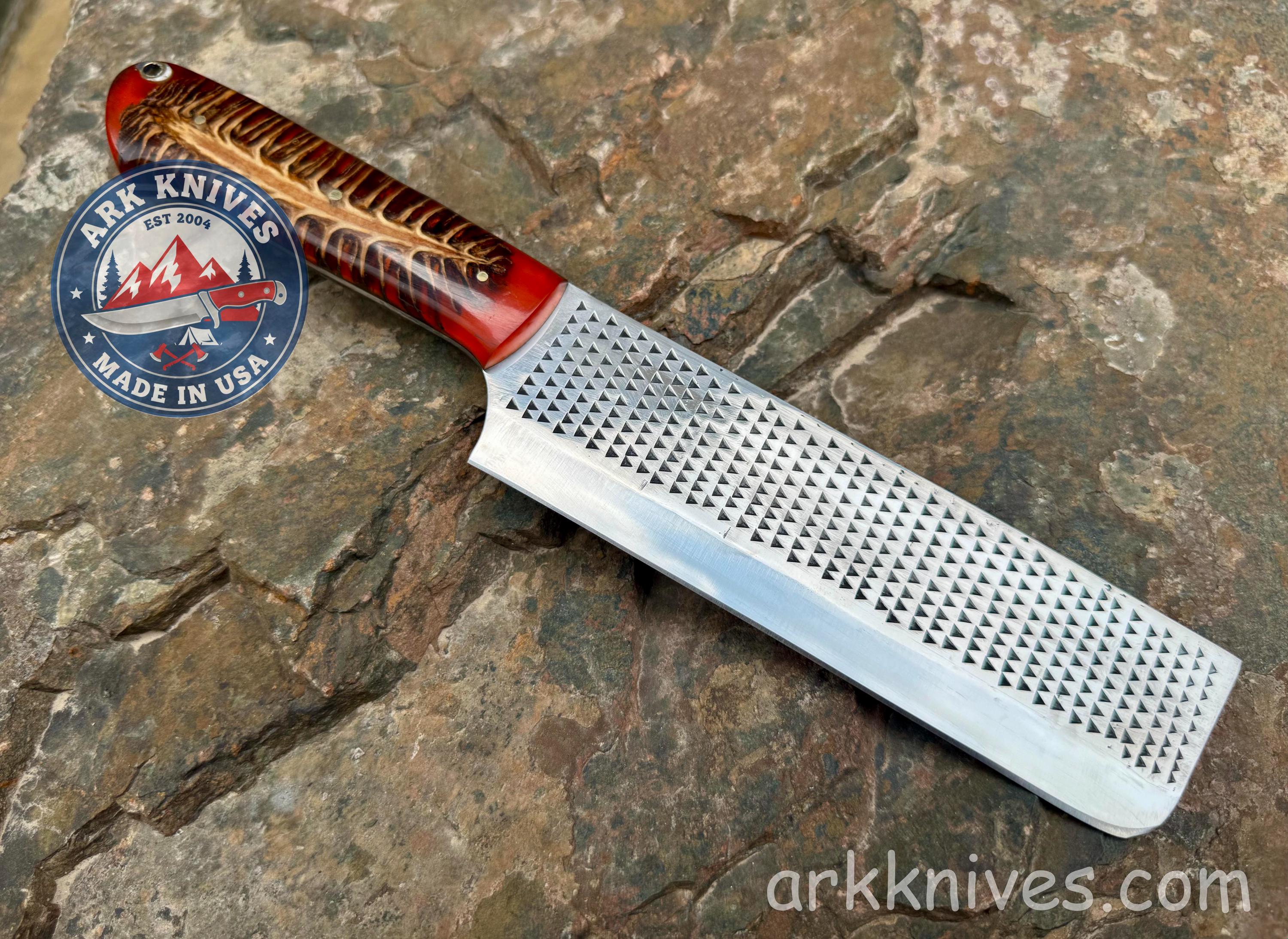Red Handle Rasp Forward Custom Handmade Rasp Nakiri Cleaver Knife | Red Pinecone & Resin Handle ...