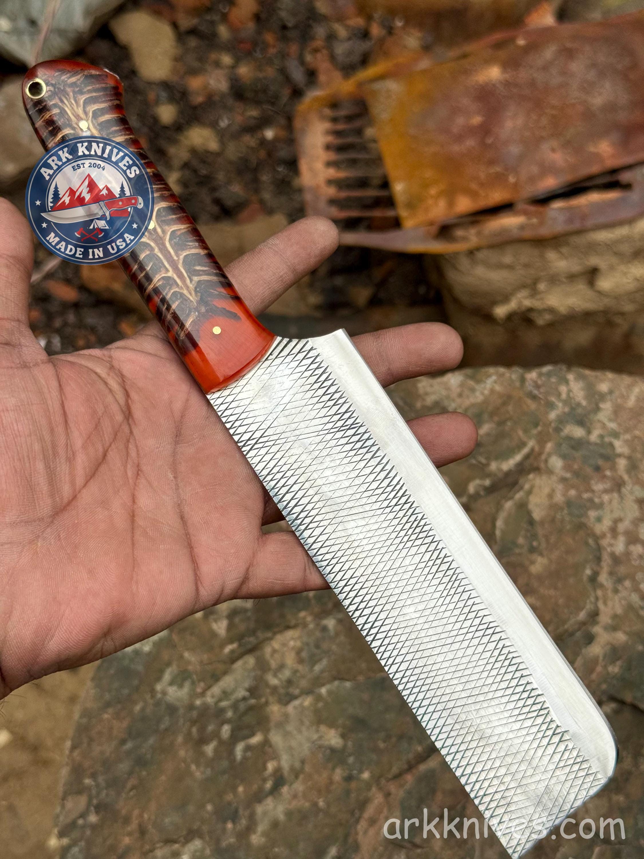 Red Handle Rasp Forward Custom Handmade Rasp Nakiri Cleaver Knife | Red Pinecone & Resin Handle ...