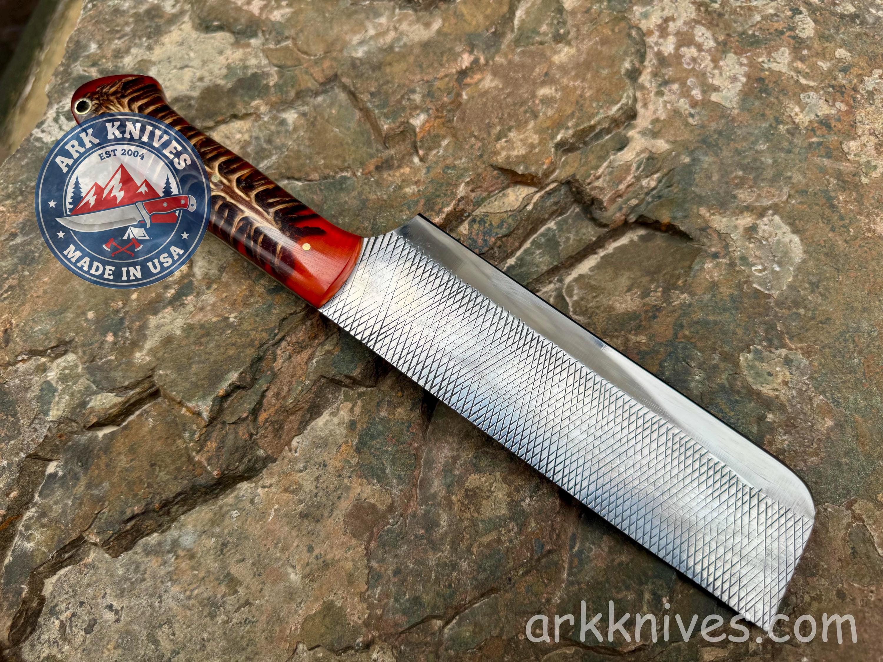 Red Handle Rasp Forward Custom Handmade Rasp Nakiri Cleaver Knife | Red Pinecone & Resin Handle ...