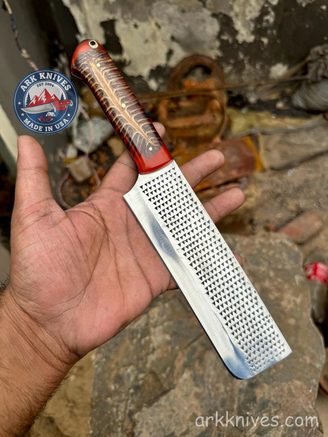 Red Handle Rasp Forward Custom Handmade Rasp Nakiri Cleaver Knife | Red Pinecone & Resin Handle ...