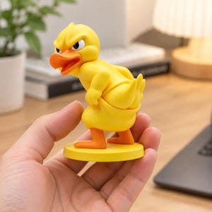 May include: A yellow duck figurine with an angry facial expression, featuring an orange beak and feet. The duck is depicted pulling down its yellow lower garment, revealing its backside, and stands on a circular yellow base.