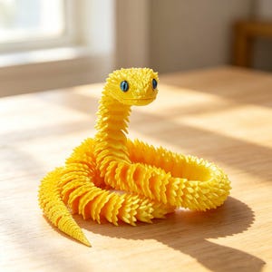 May include: A vibrant yellow articulated snake toy with blue eyes. The toy is constructed from segmented pieces, enabling it to bend and move. The snake is coiled on a wooden surface, with sunlight highlighting its features.