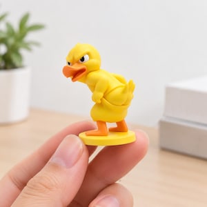 May include: A small yellow duck figurine with an angry facial expression, featuring an orange beak and orange feet. The duck is standing on a circular yellow base, posed with its back turned and looking over its shoulder.