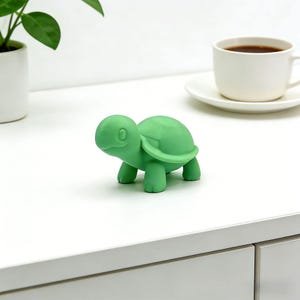 Pode incluir: Uma estatueta de tartaruga verde brilhante com uma carapaça arredondada e pernas curtas. A tartaruga está colocada sobre uma superfície branca, com uma chávena e pires brancos no fundo. Uma pequena planta em vaso também é visível.