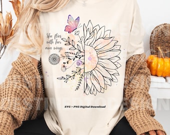 Ella vuela con sus propias alas (Png), Sublimación motivacional, Citas positivas (Png), Camiseta bohemia (Png), Flor de acuarela (Png), Salud mental (Svg)