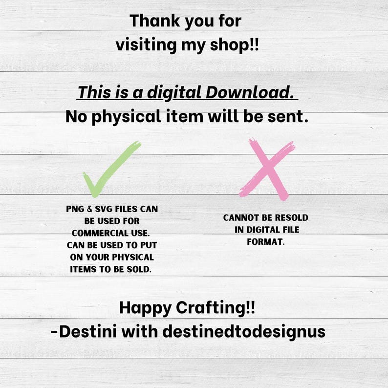Puede incluir: Fondo blanco con texto: "&iexcl;Gracias por visitar mi tienda!" y "Esta es una descarga digital. No se enviar&aacute; ning&uacute;n art&iacute;culo f&iacute;sico." Incluye una marca de verificaci&oacute;n verde y una X rosa. El texto tambi&eacute;n indica que los archivos PNG y SVG se pueden utilizar para uso comercial.