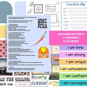 Puede incluir: Un kit de tablero de visi&oacute;n con p&aacute;ginas imprimibles, pegatinas y un gr&aacute;fico de cohete. Incluye el texto "Dream Big & Make a Plan". Tambi&eacute;n presenta afirmaciones como "Soy amable" y "Soy fuerte".