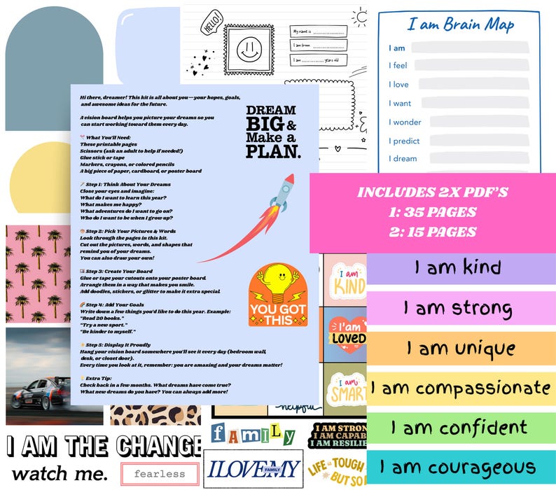 Puede incluir: Un kit de tablero de visi&oacute;n con p&aacute;ginas imprimibles, pegatinas y un gr&aacute;fico de cohete. Incluye el texto "Dream Big & Make a Plan". Tambi&eacute;n presenta afirmaciones como "Soy amable" y "Soy fuerte".