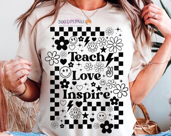 Insegna, ama, ispira, png, insegnante floreale boho, regalo per nuovo insegnante, insegnante retrò, png, insegnante, maglietta per insegnante con design a sublimazione