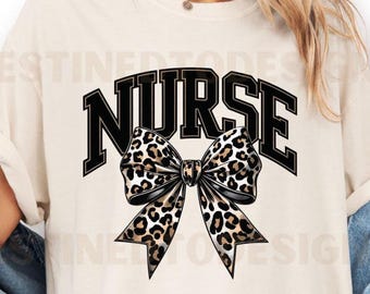 Nurse Leopard Coquette Bow PNG, Leopard Nurse png, Varsity Nurse png, Nurse Shirt Png, Retro Nurse Png, Nurse png, Nurse Png Sublimation