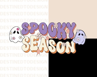 Könnte beinhalten: Retro-Grafik mit dem Schriftzug "Spooky Season" in lilafarbenen und cremefarbenen Buchstaben, akzentuiert mit orangefarbenen Konturen und Sternen. Zwei Cartoon-Geister mit Blumenakzenten flankieren den Text, vor einem geteilten Hintergrund.