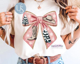 Coqueta navideña del oeste PNG, Navidad campestre PNG, Diseño navideño de vaquera, Lazos navideños de Hellody, Diseño femenino para sublimación