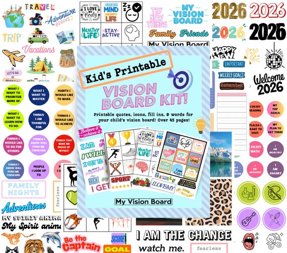 KIDS Vision Board Kit, Vision Board Printable, New Years Vision Board for Kids, Kids Affirmations, Positive Quotes, Manifestation for Kids