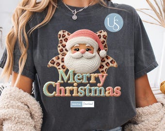 Trendy Pink Yarn Crochet Santa PNG, Retro Leopard Print Hat Png, Faux Yarn Christmas Png, Girly Holiday Design, Santa Claus Digital Download