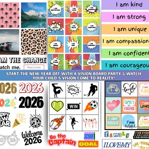 Puede incluir: Un collage colorido con frases y gr&aacute;ficos motivacionales. Incluye texto como "Soy amable", "Soy fuerte" y "Yo soy el cambio". Tambi&eacute;n presenta im&aacute;genes de un coche de carreras, monta&ntilde;as y estampado de leopardo.