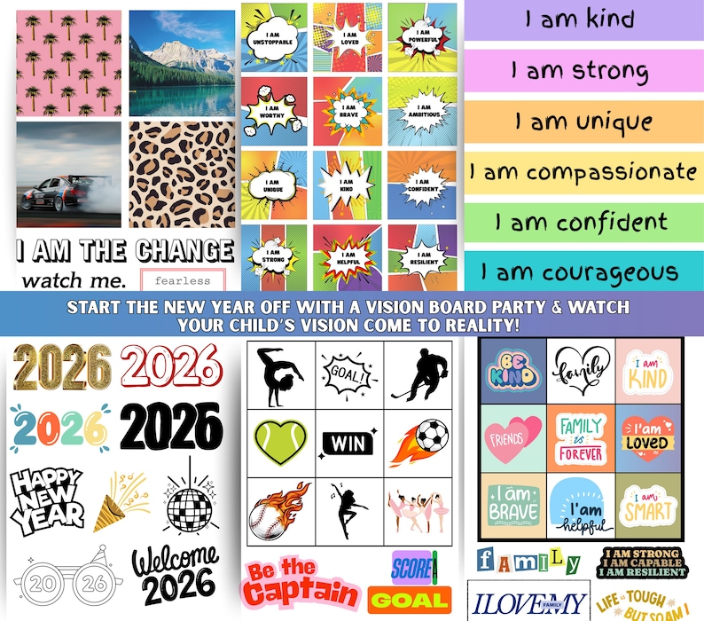 Puede incluir: Un collage colorido con frases y gr&aacute;ficos motivacionales. Incluye texto como "Soy amable", "Soy fuerte" y "Yo soy el cambio". Tambi&eacute;n presenta im&aacute;genes de un coche de carreras, monta&ntilde;as y estampado de leopardo.