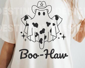 Boo Haw PNG, Vaca fantasmal con manchas de fantasmas del oeste de Halloween PNG, Sublimación de girasoles retro de otoño PNG, Diseño de camiseta divertida con ambiente de vaquera espeluznante