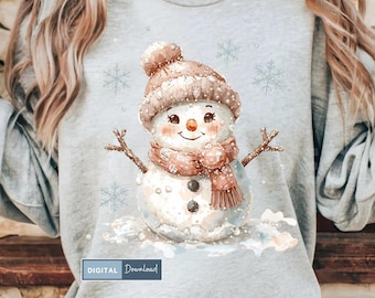 Diseño de muñeco de nieve pintado a mano, diseño navideño de sublimación y DTF, camiseta navideña de invierno (PNG), diseño de muñeco de nieve femenino (PNG)