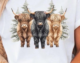 Vaca de las Tierras Altas con Luces Navideñas (Png), Diseño de Sublimación Navideña, Navidad (Png), Diseño de Camiseta Navideña con Vaca de las Tierras Altas con Luces Navideñas (Png)