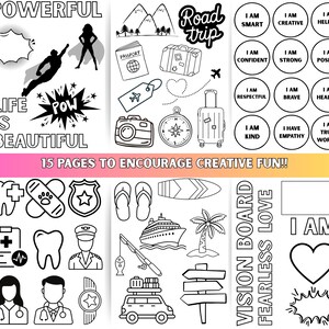 Puede incluir: Ilustraciones en blanco y negro sobre un fondo blanco. Las im&aacute;genes incluyen palabras como "Poderoso", "La vida es bella" y "Viaje por carretera", junto con varios iconos y frases para un tablero de visi&oacute;n.
