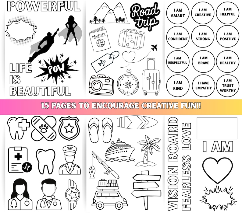 Puede incluir: Ilustraciones en blanco y negro sobre un fondo blanco. Las im&aacute;genes incluyen palabras como "Poderoso", "La vida es bella" y "Viaje por carretera", junto con varios iconos y frases para un tablero de visi&oacute;n.