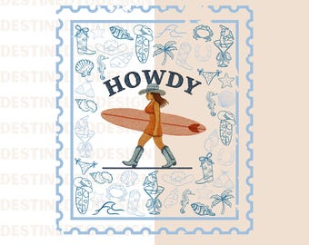 Howdy Cowgirl Surfer PNG, Print on Demand Vintage Grafik, Küstencowgirl Design, Vintage kokette png, gestickte Howdy Grafik