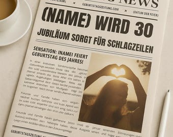 May include: A newspaper with the headline "BREAKING NEWS" and the text "(NAME) WILL BE 30". The newspaper has a photo of a person making a heart shape with their hands. A white pen and a cup of coffee are also in the image.