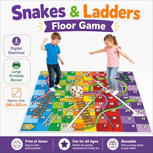 May include: A Snakes & Ladders floor game digital download featuring a large printable banner with a 240 x 240 cm grid. The colourful board includes numbered squares, illustrated snakes, and ladders, accompanied by a large die for interactive play.