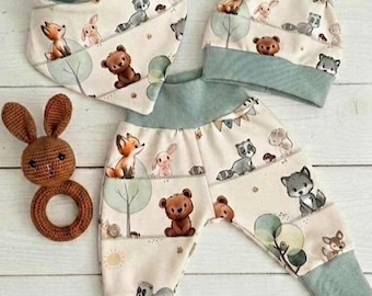 Baby Set Waldtiere pastell | Pumphose Mütze Halstuch | Jersey Outfit Baby | Geschenk zur Geburt | Handmade Größe 50-98 | unisex