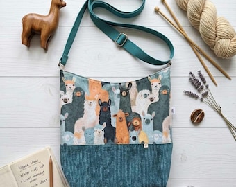 Bolso de hombro artesanal de llama y alpaca | Bolso shopper de pana y lona | Azul petróleo | Bolso bandolera ajustable | 38 x 38 cm | Hecho a mano