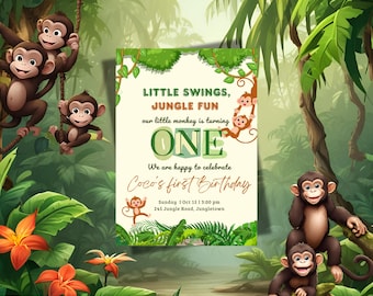 May include: A jungle-themed birthday invitation with cartoon monkeys and tropical foliage. The invitation reads "Little Swings, Jungle Fun" and celebrates "Coco's first Birthday". The design features shades of green, brown, and orange.