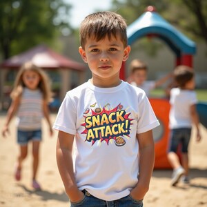 Op de afbeelding: Een kind draagt een wit t-shirt met de tekst "SNACK ATTACK!" in een kleurrijke stripboekstijl. Het shirt heeft illustraties van snacks. Het kind staat buiten op een zonnige dag.